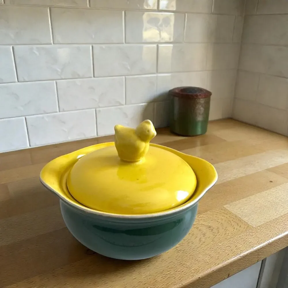 Vintage Hall China Green Yellow Covered Individual Casserole Chick Finial Lid